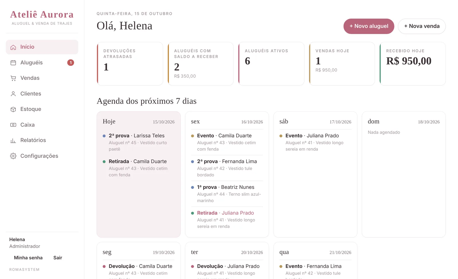 Tela inicial do RomaSystem com a agenda de provas, retiradas, eventos e devoluções da semana